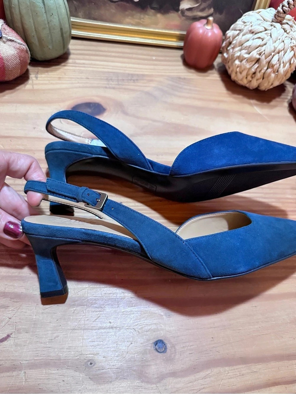 Naturalizer Ella Suede Pointed Toe Block Heel Pumps Blue US 9.5M